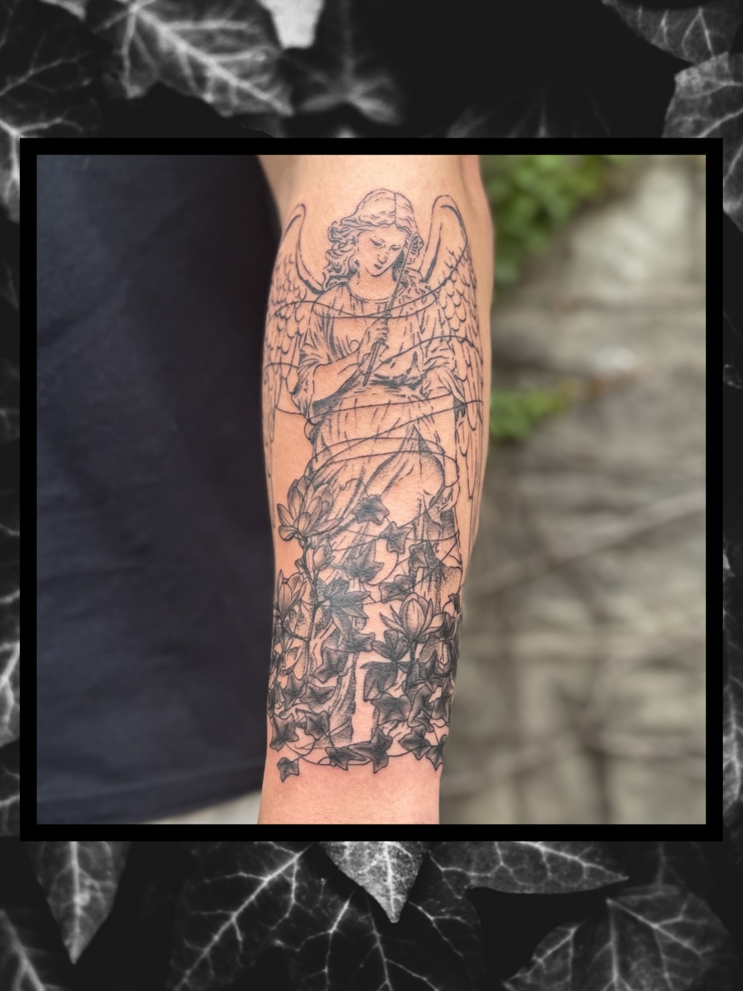 Angel with floral skirt realism tattoo on the forearm by Sydney