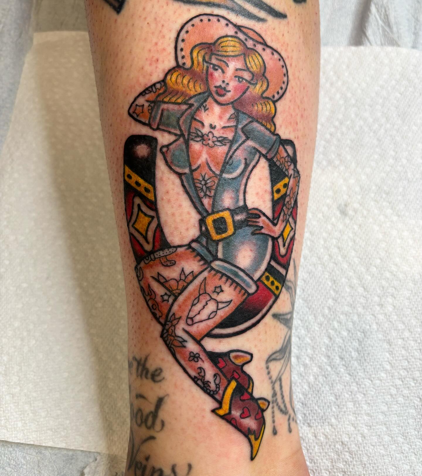 Cowgirl American traditional tattoo on the forearm by Brandi ⛓, Detroit, Michigan
