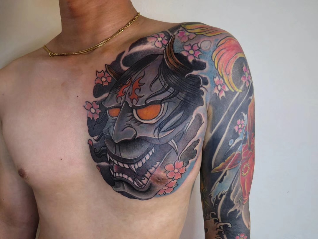 Mask japanese irezumi tattoo on the shoulder by Sydney Walk in Tattoo, Sydney, New South Wales