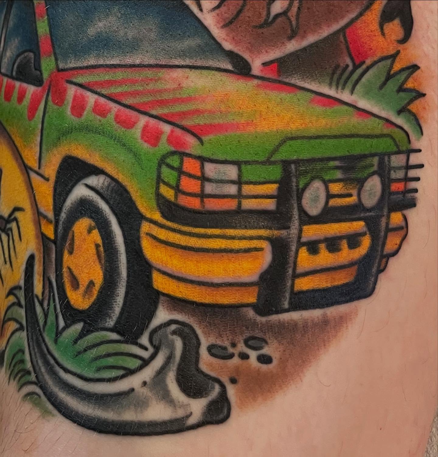 Muscle car American traditional tattoo on the forearm by Grandma Approved, Chicago, Illinois