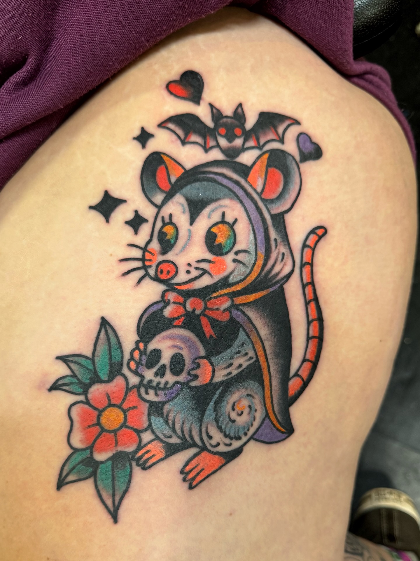 Mouse and skull American traditional tattoo on the thigh by Joe tatum ~Tattoo~
