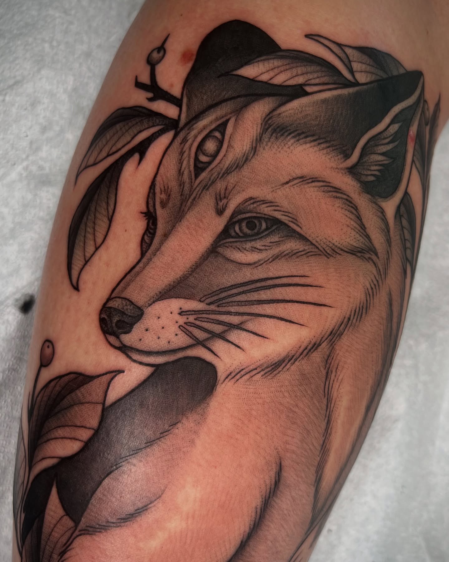 Fox realism tattoo on the forearm by Mia Manzanedo