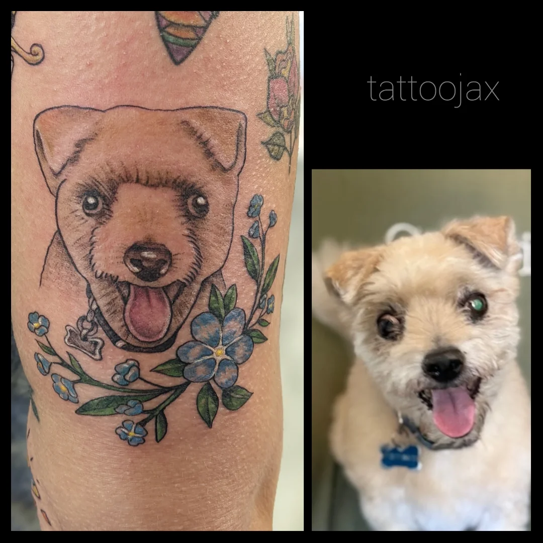 Dog with floral wreath realism tattoo on the forearm by jackie