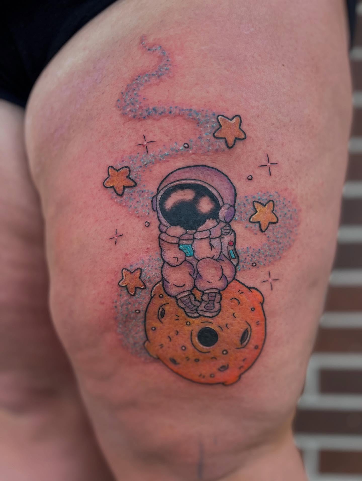 Astronaut on moon dotwork tattoo on the thigh by Monii Arreola