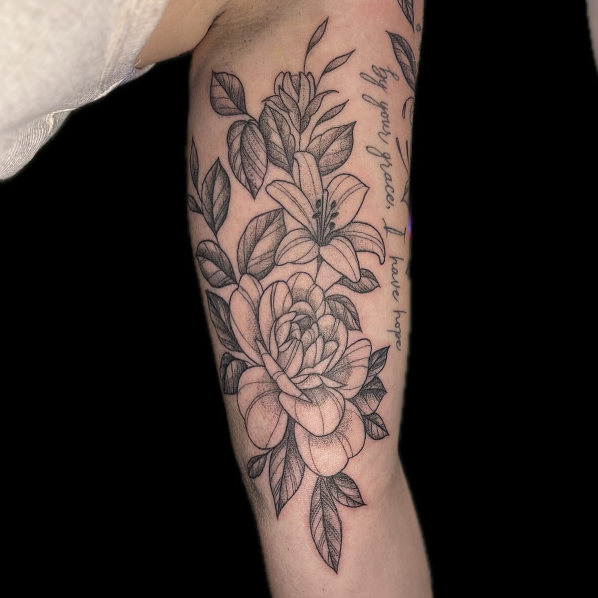 Flowers and script dotwork tattoo on the forearm by 🖤Sabrina Ryan🖤