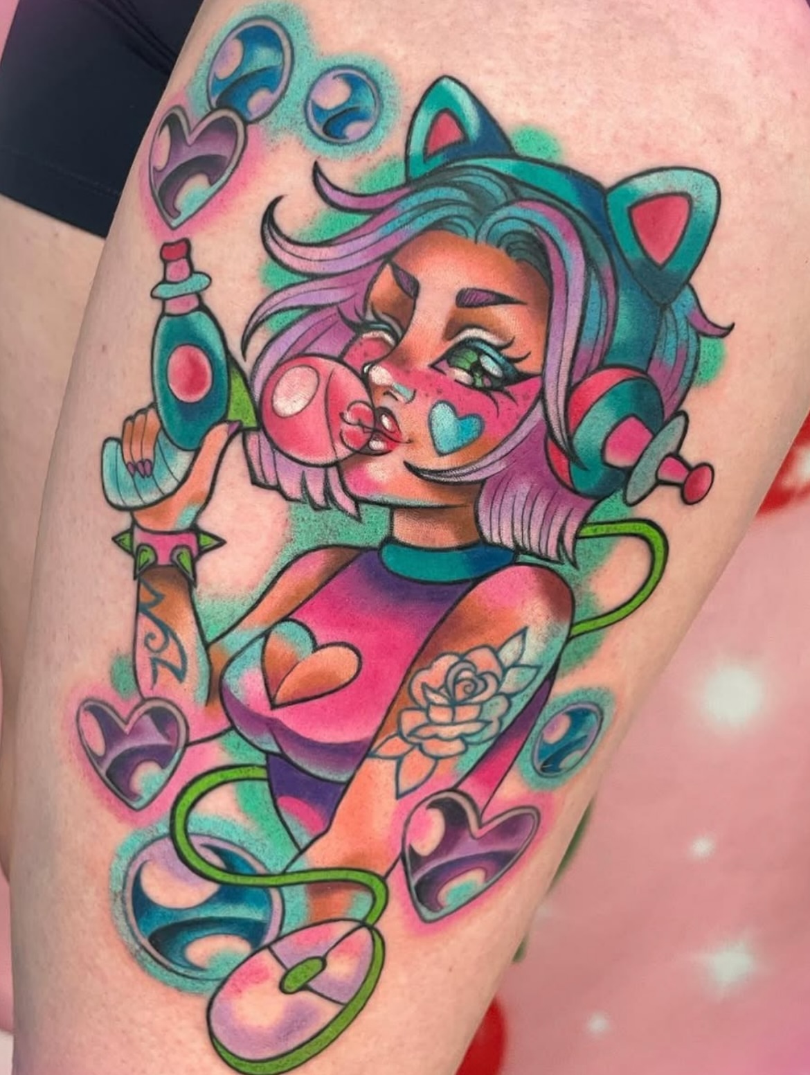 Cat girl new school tattoo on the thigh by ☆ Sammy ☆
