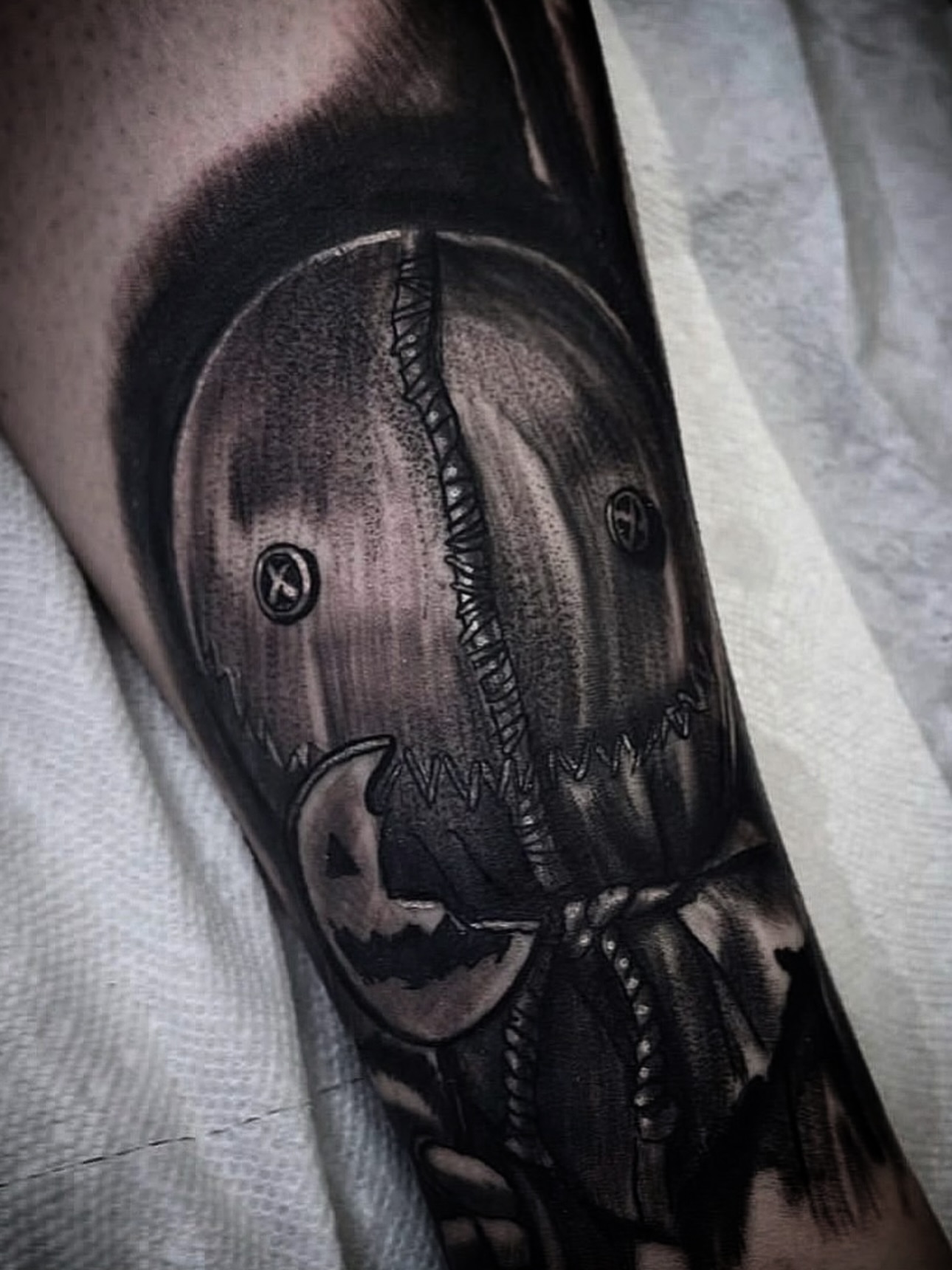 Mask realism tattoo on the forearm by ♟️SouthEastLA♟️