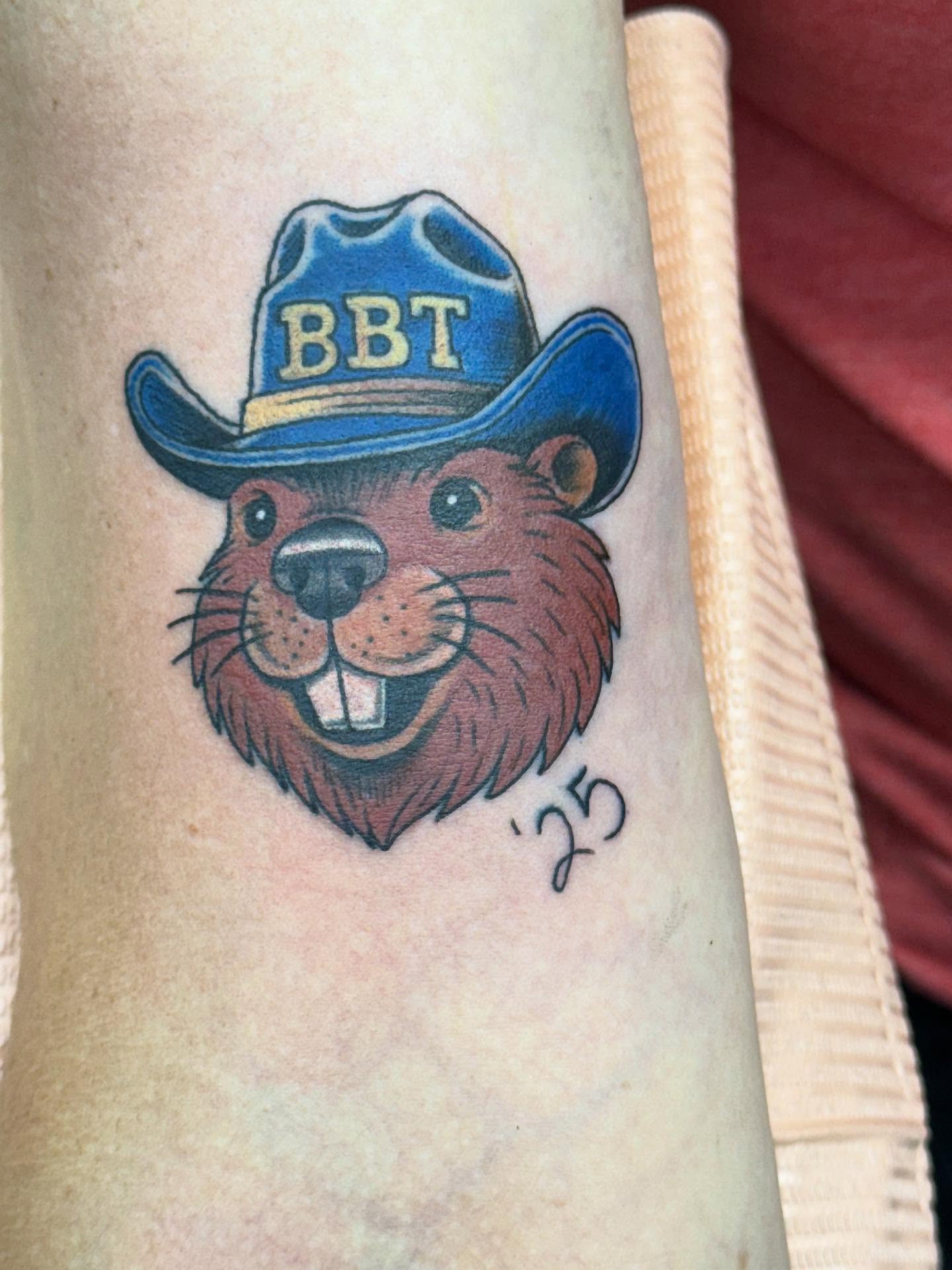 Beaver wearing cowboy hat American traditional tattoo on the forearm by Aaron Hassler, Nashville, Tennessee