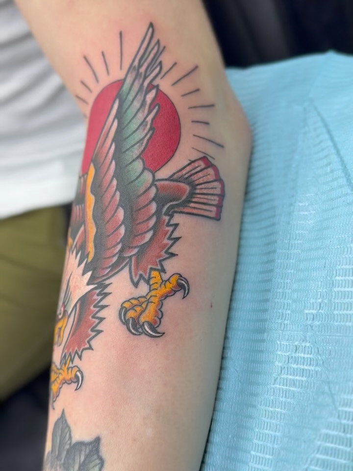 Eagle American traditional tattoo on the forearm by Aaron Hassler, Nashville, Tennessee