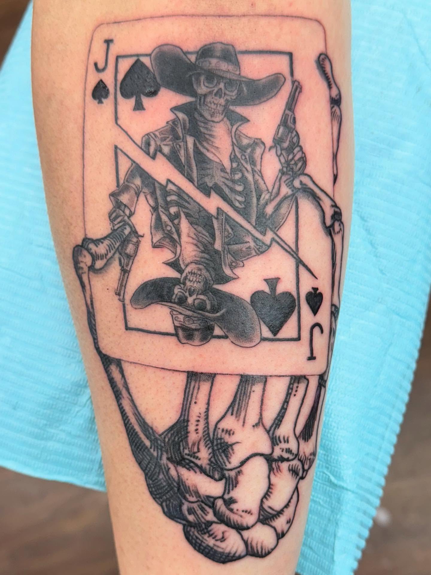 Jack of spades black and grey tattoo on the forearm by Aaron Hassler, Nashville, Tennessee