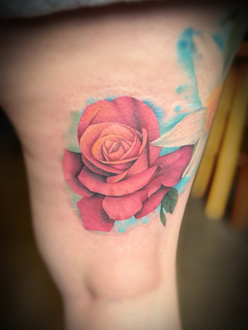 Rose watercolor tattoo on the thigh by Kbryanttattoos, Ohio City, Ohio