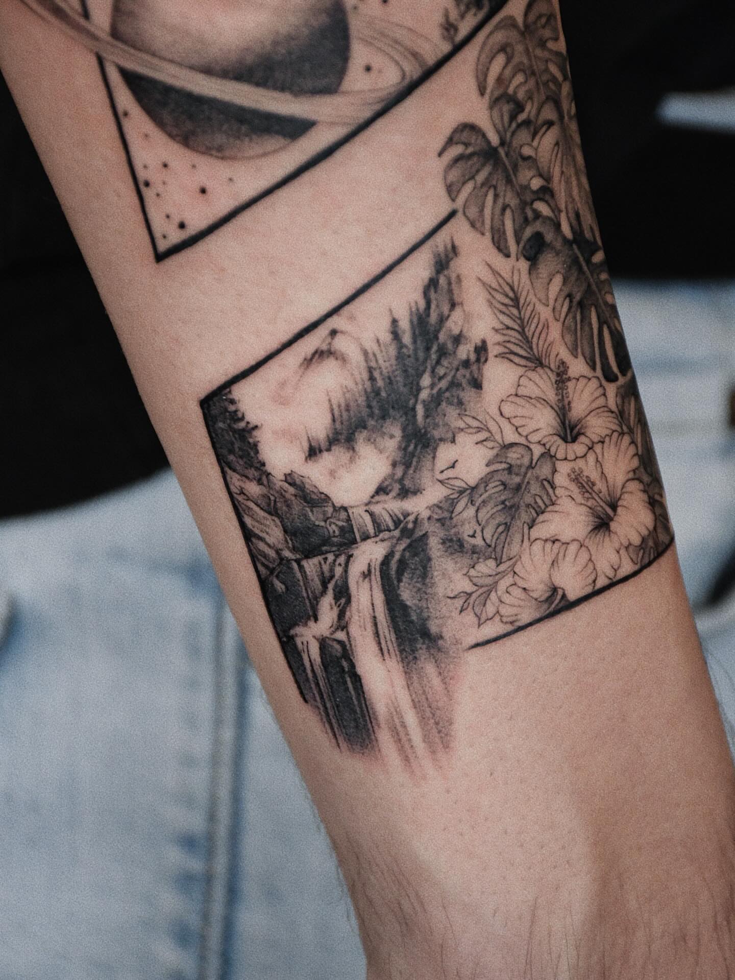 Landscape with waterfall realism tattoo on the forearm by Gary Zhong, Upland, California