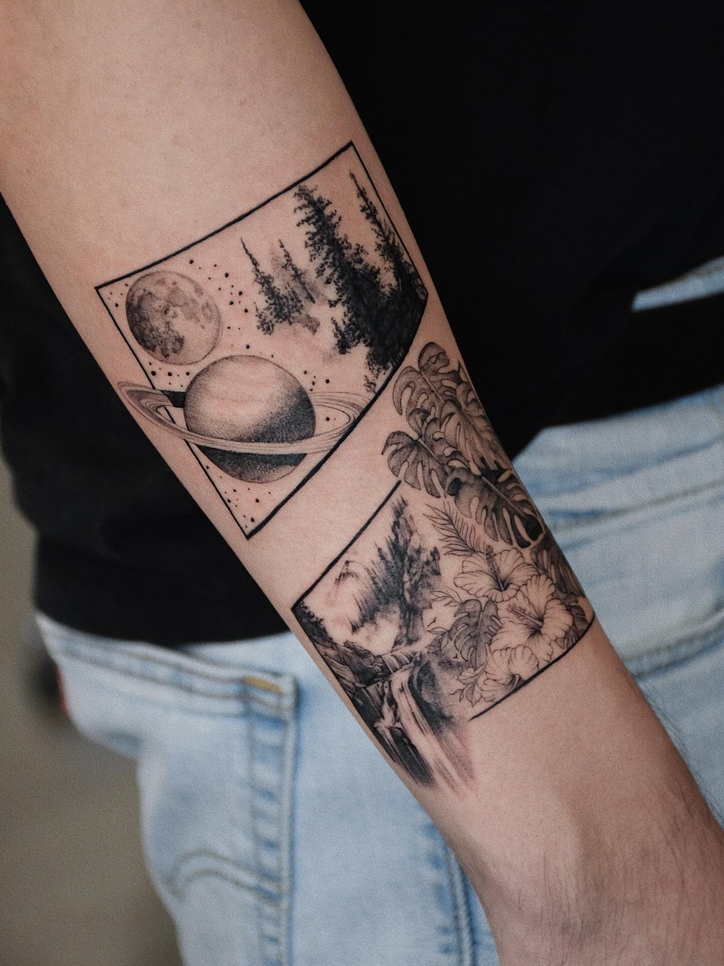 Space and nature geometric tattoo on the forearm by Gary Zhong, Upland, California