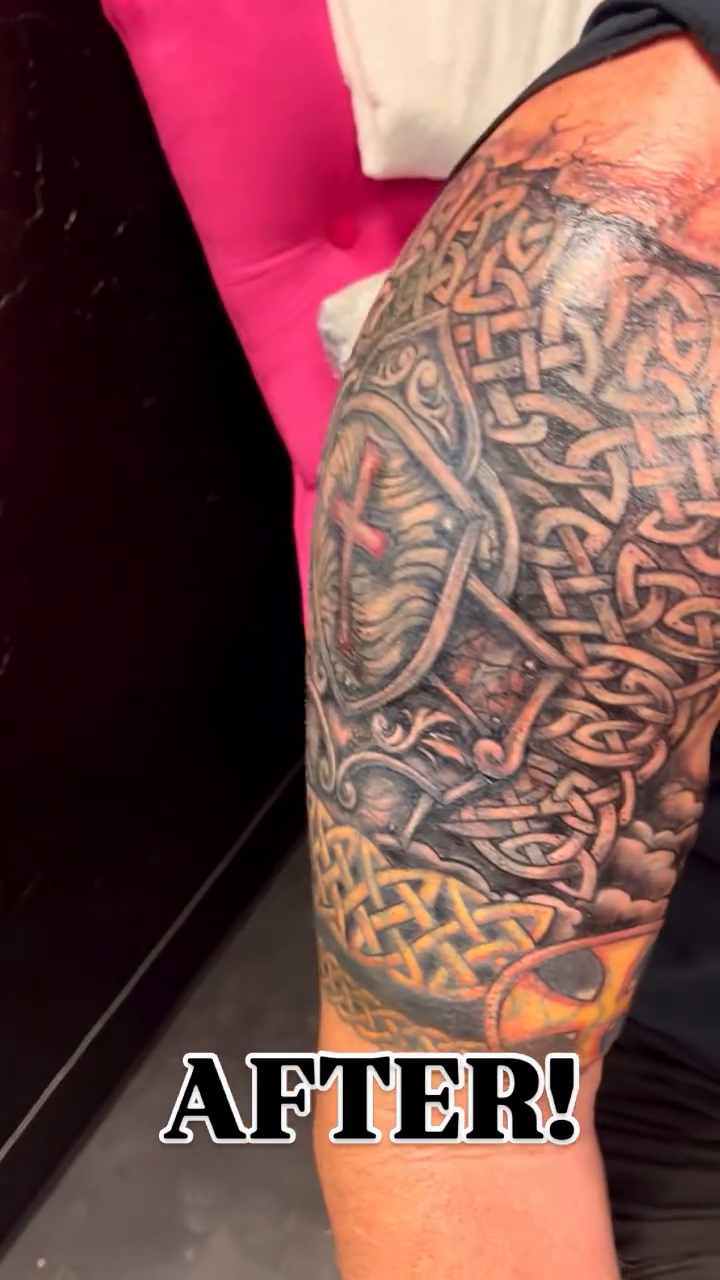 Celtic knotwork and shield with cross tribal tattoo on the upper arm by Vegas Val LadyTattooArtist 💚