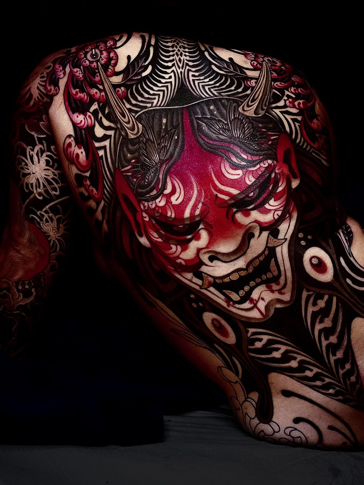 Demon mask japanese irezumi tattoo on the back by 吳盈慧, Los Angeles, California