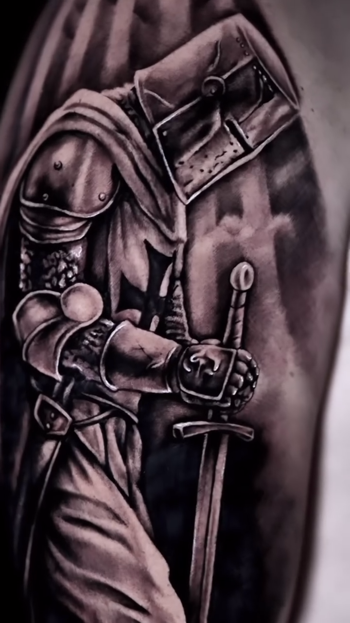 Knight with sword realism tattoo by Kiefer Fonseca