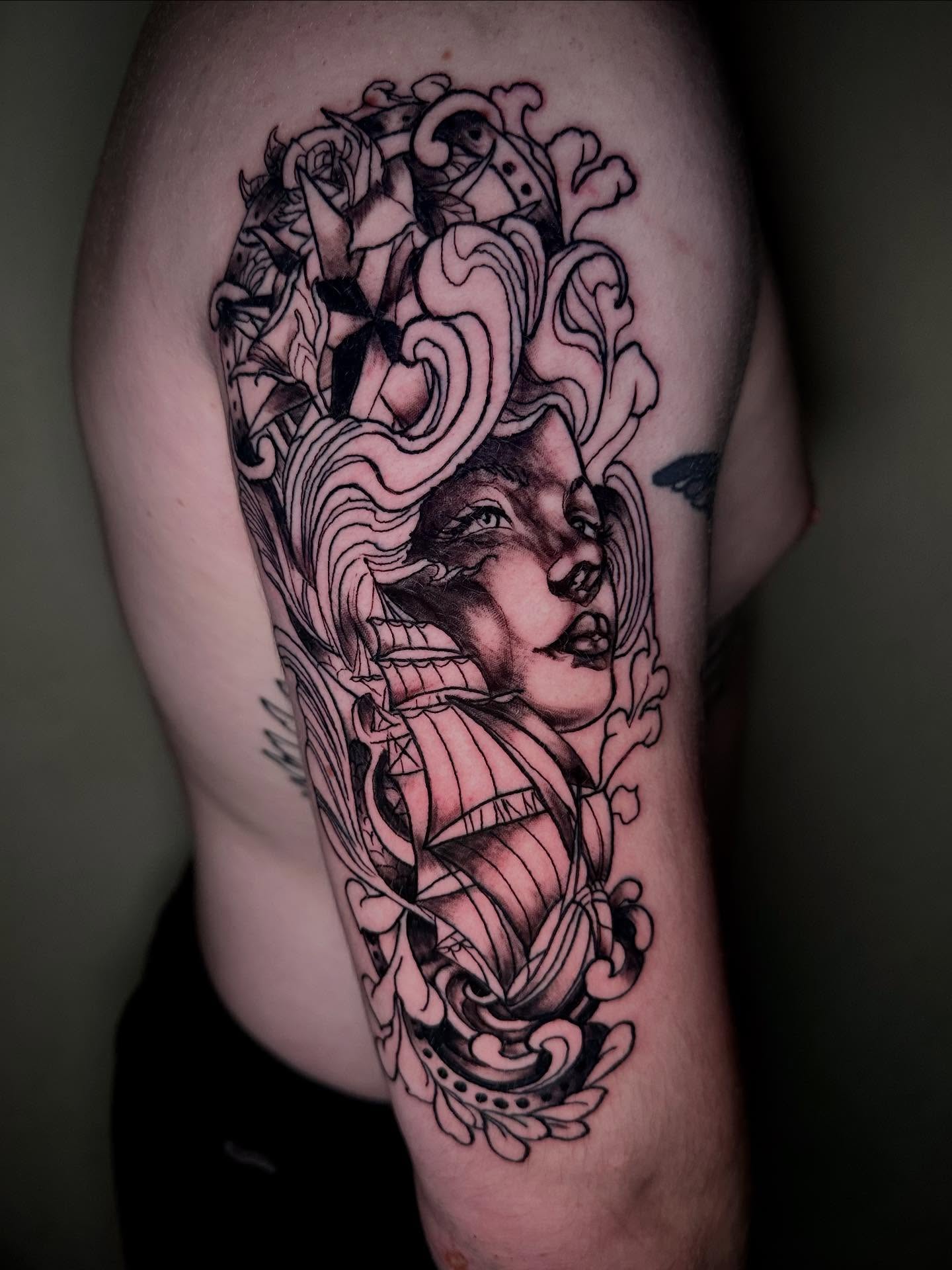 Tattoo by @xjgtattoosx — black_and_grey, ornamental
