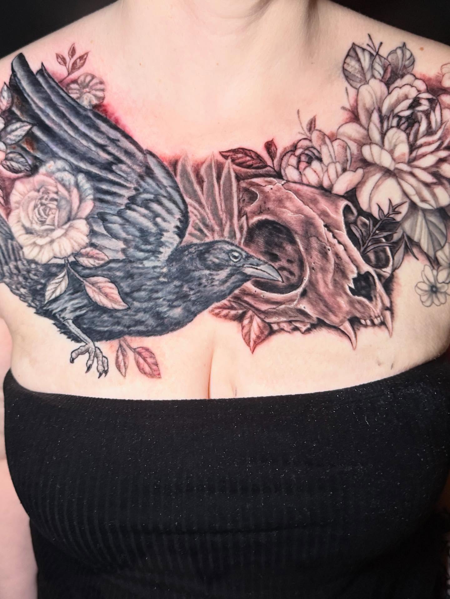 Crow and skull realism tattoo on the chest by Patrick Cornolo