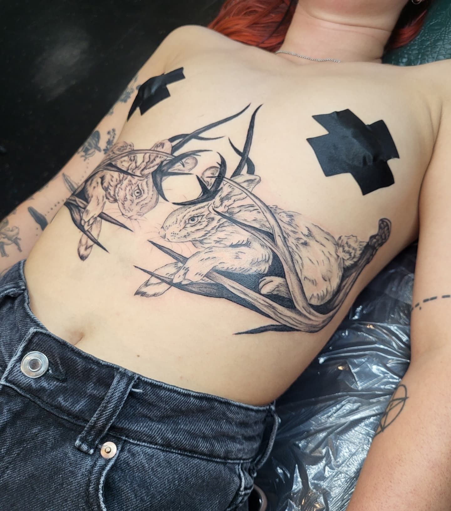 Deer and antlers realism tattoo on the chest by Jenna 🖤 Tattoos Denton TX