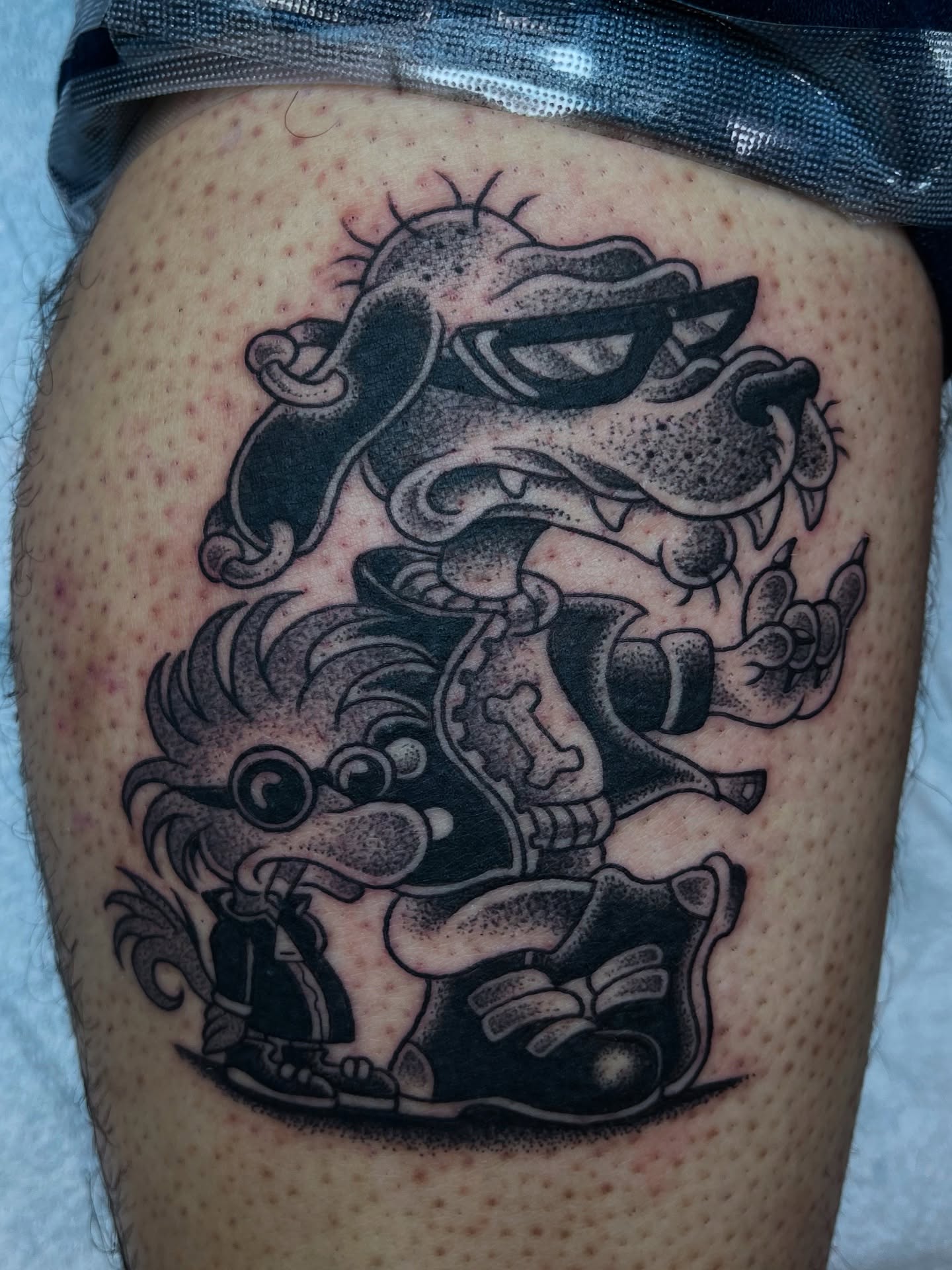 Dog dotwork tattoo on the thigh by ☠︎ ︎𝗘𝗩𝗔 ☠︎︎