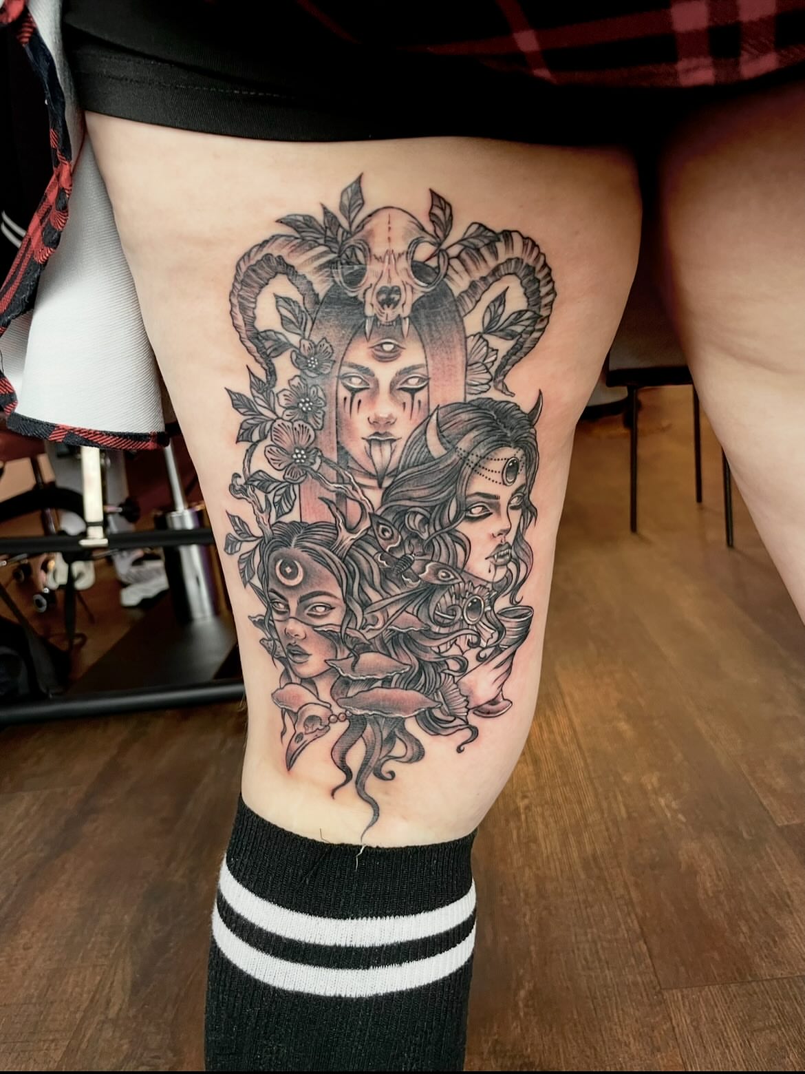 Mythical creatures neo-traditional tattoo on the thigh by Grace derby tattooist, Derby