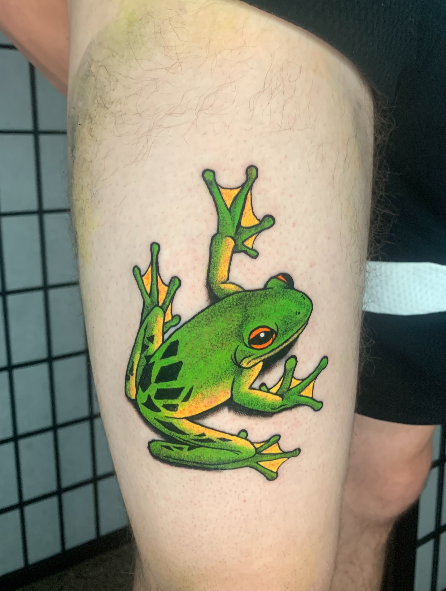 Frog dotwork tattoo on the thigh by Devon