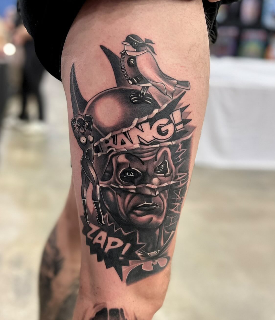 Batman black and grey tattoo on the thigh by Randy Templin Tattoo Artist, Virginia Beach, Virginia