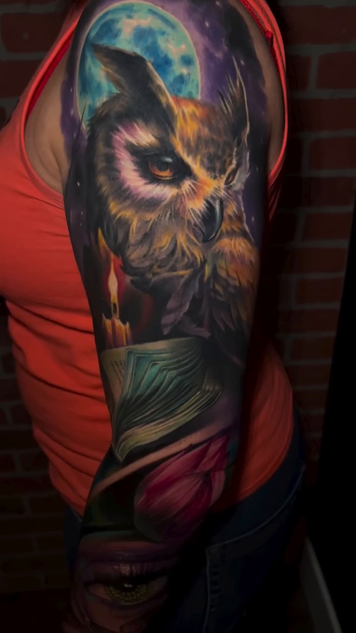 Owl and eye sleeve realism tattoo by Raul Ugarte, Roseville, California