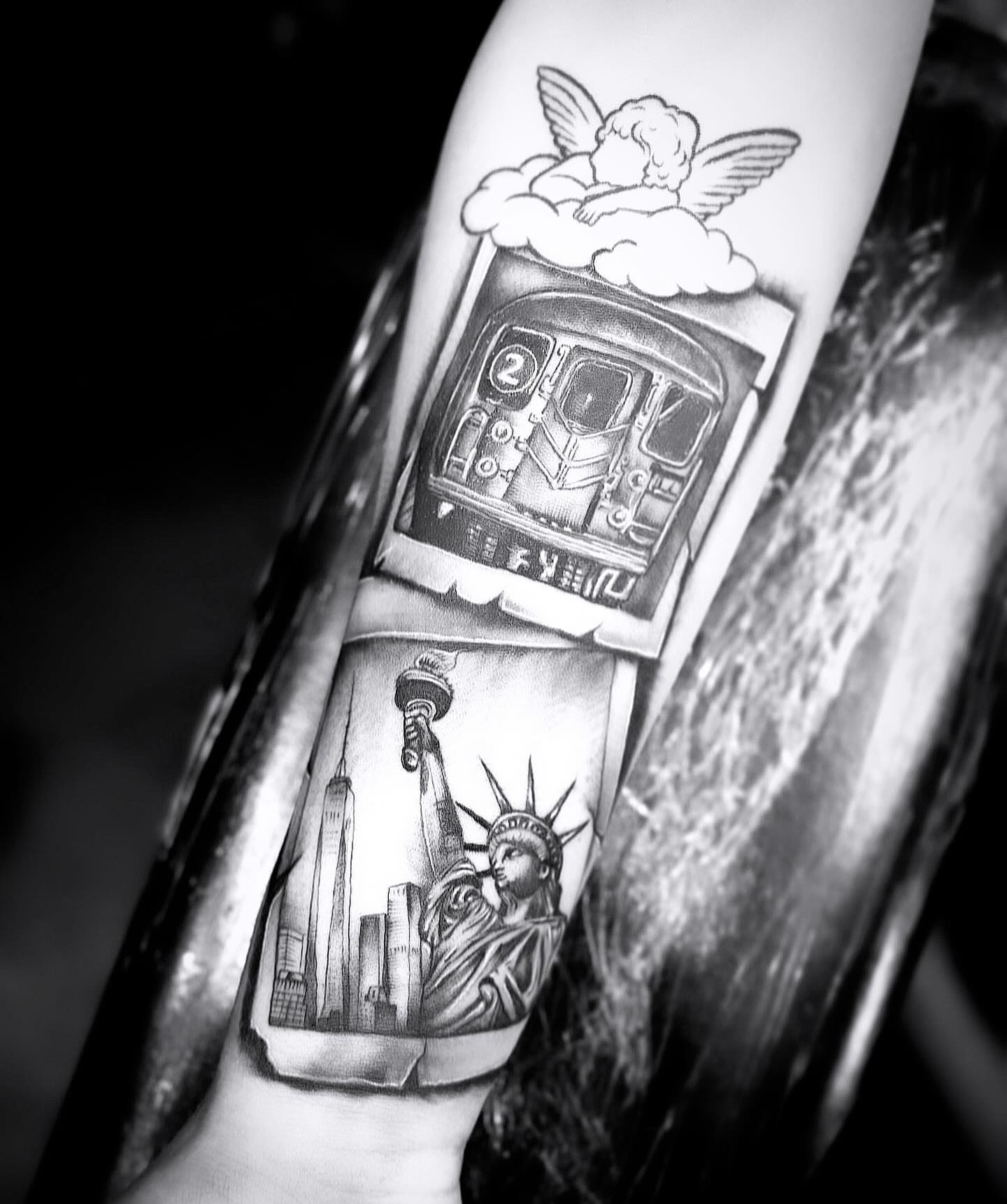 Statue of liberty and subway car American traditional tattoo on the forearm by Licensed Tattoo Artist πΈπ»