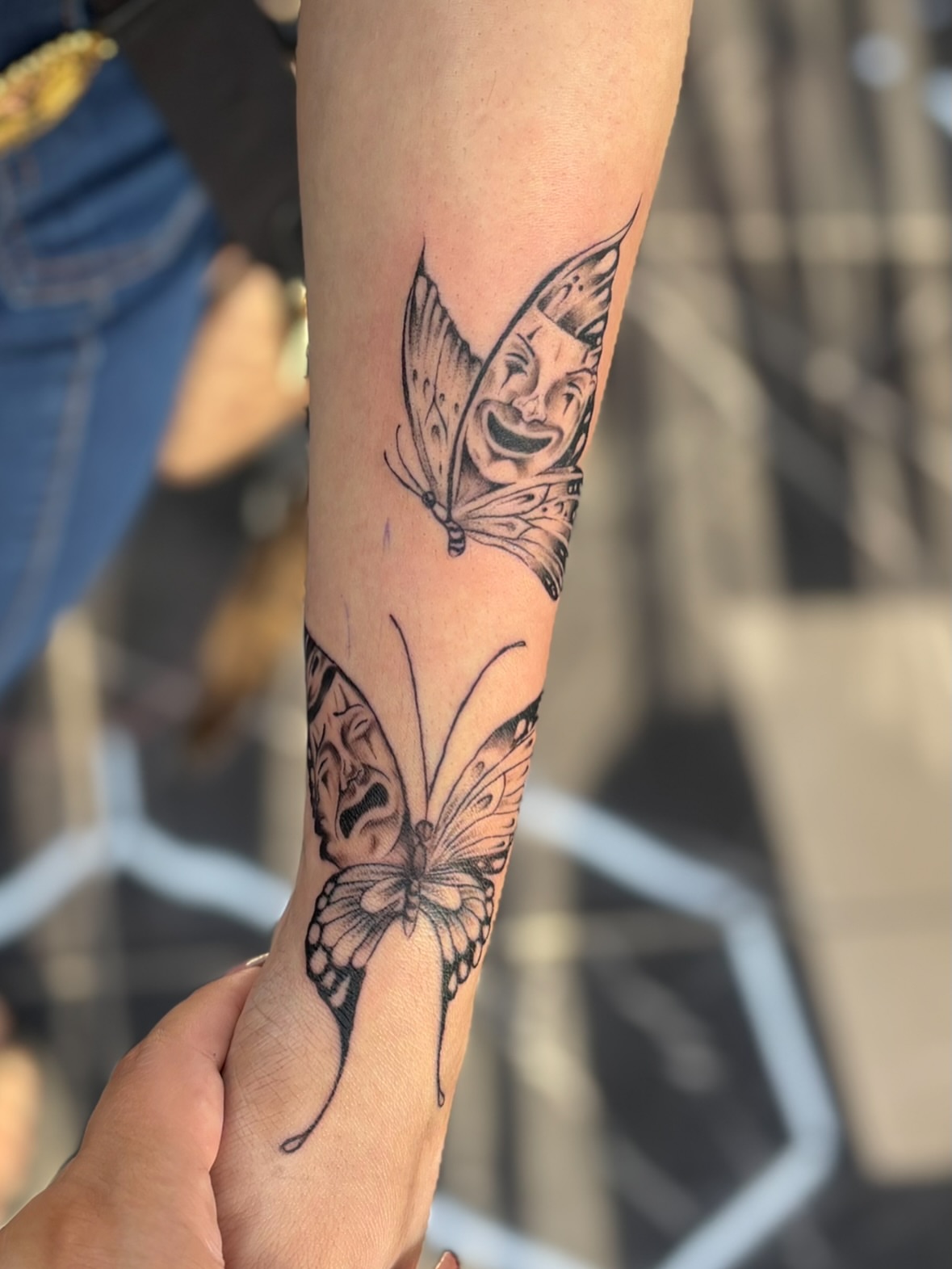 Butterfly black and grey tattoo on the forearm by $weet little leslie 🩶🧚🏻‍♀️