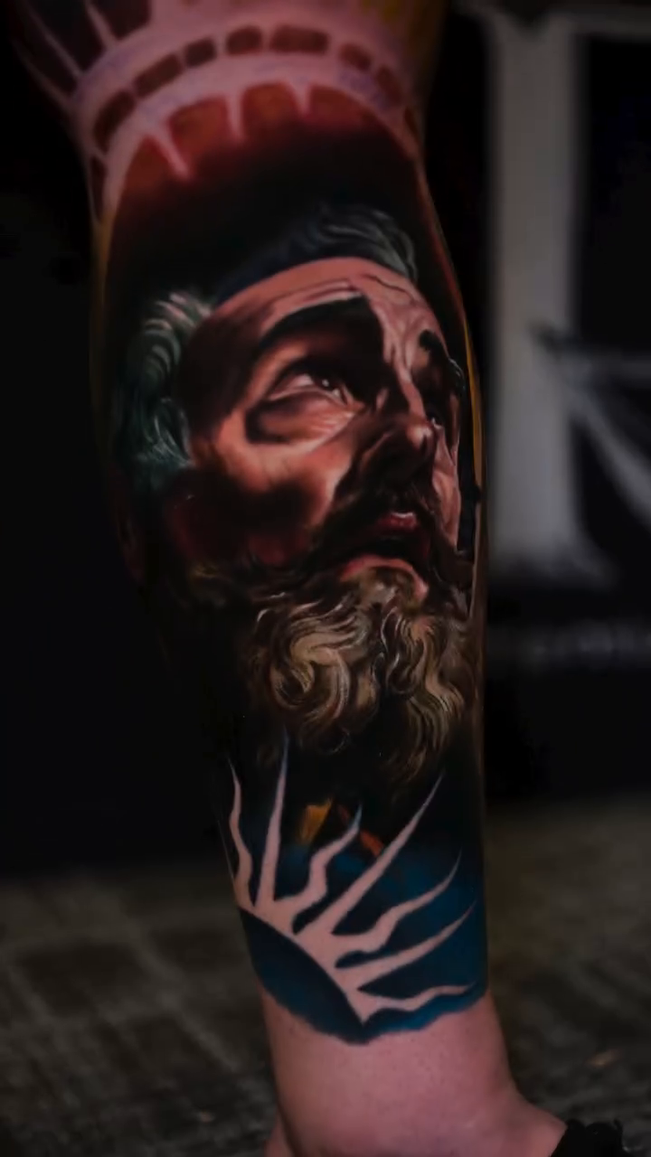 Portrait of a man realism tattoo by Guillermo Columbie, Houston, Texas