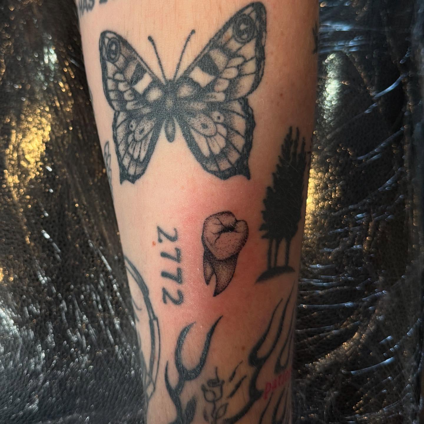 Butterfly black and grey tattoo on the forearm by frankie quadrini
