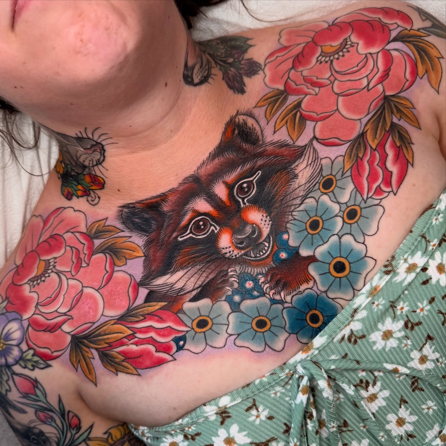 Fox and flowers American traditional tattoo on the chest by Jhon