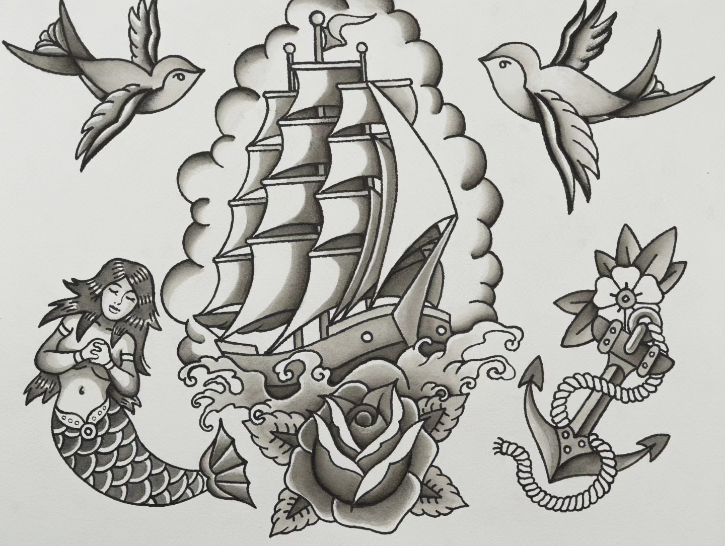 Ship and mermaid American traditional tattoo by pedroo