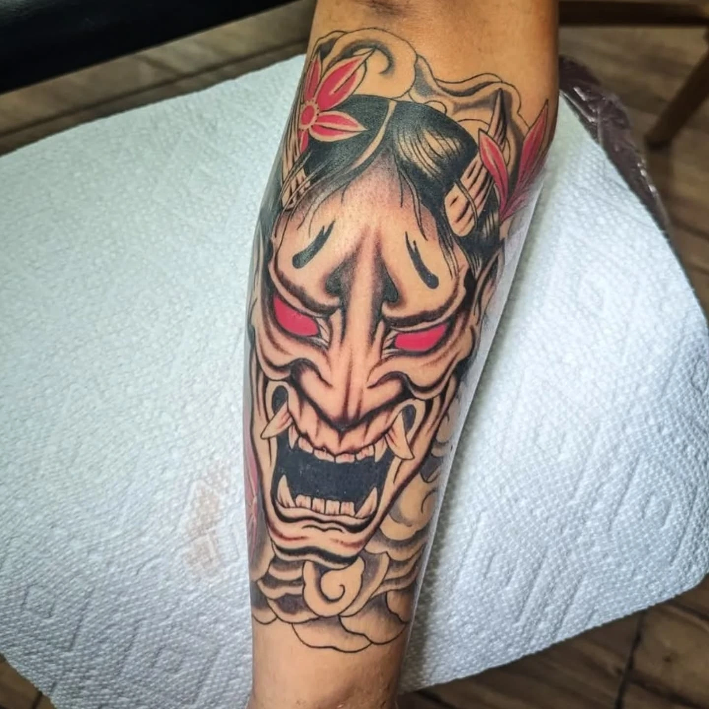 Demon mask japanese irezumi tattoo on the forearm by joseph palladino