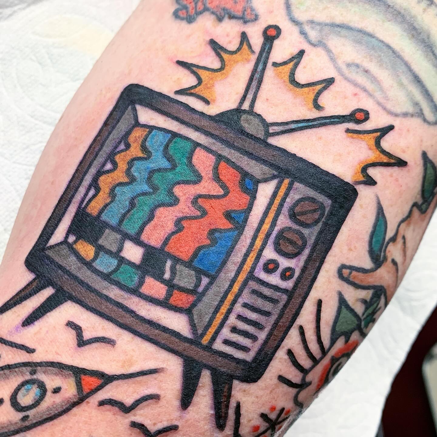 Retro television American traditional tattoo on the forearm by Los Angeles Tattoo Artist