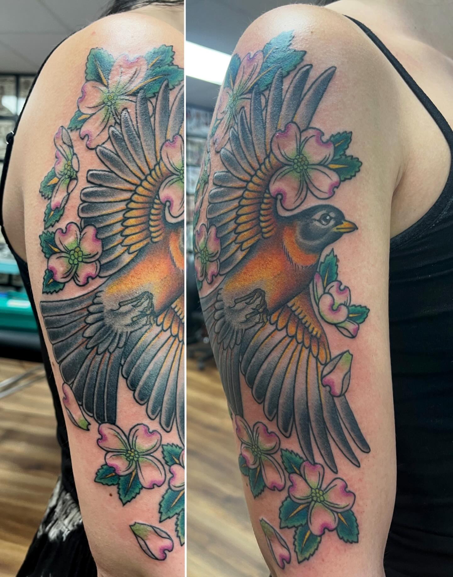 Bird and flowers American traditional tattoo on the forearm by Brian Mcfadden