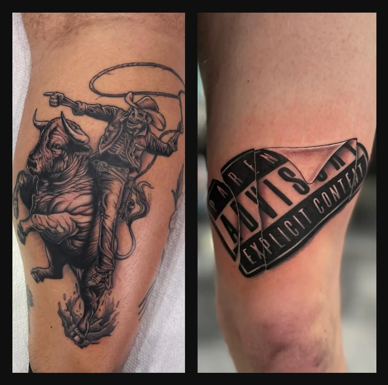Cowboy riding bull American traditional tattoo on the forearm by Adam Silfies