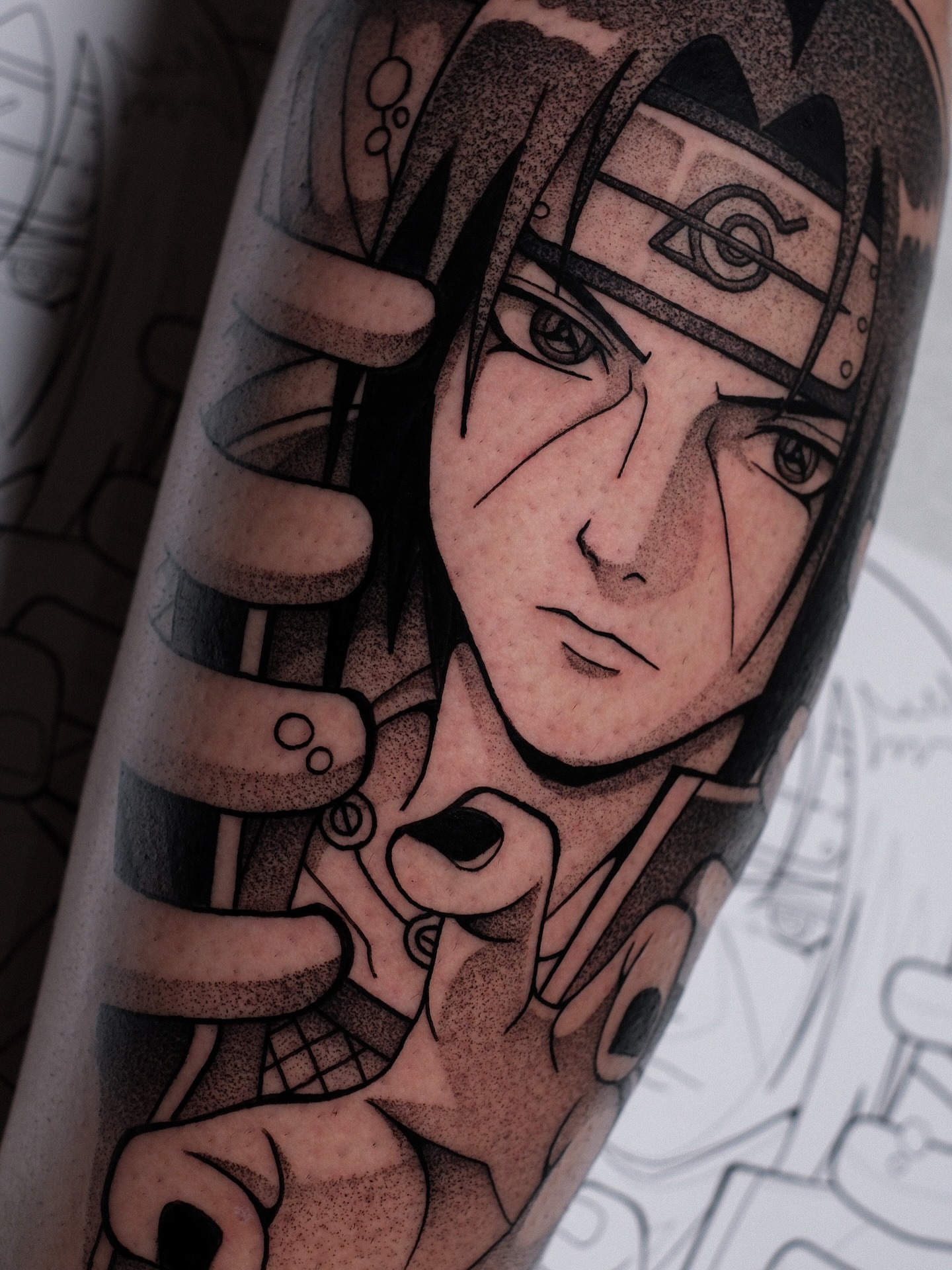 Anime character dotwork tattoo on the forearm by Yakir, Houston, Texas
