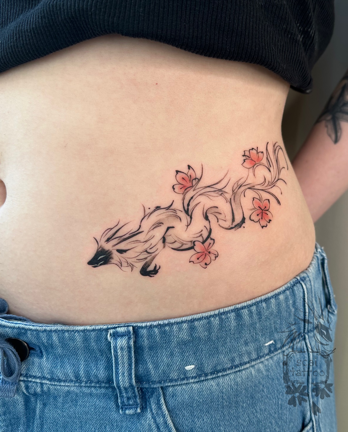 Fox and flowers new school tattoo on the torso by scaitattoo