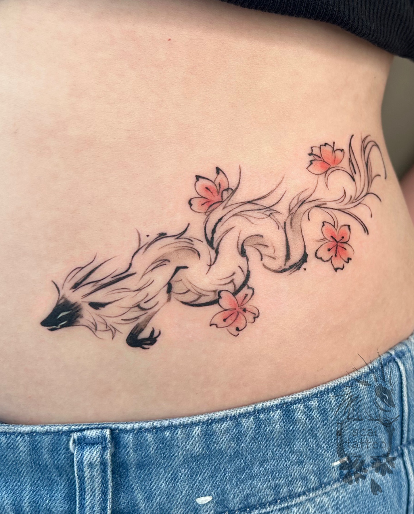 Fox and cherry blossoms new school tattoo on the ribs by scaitattoo