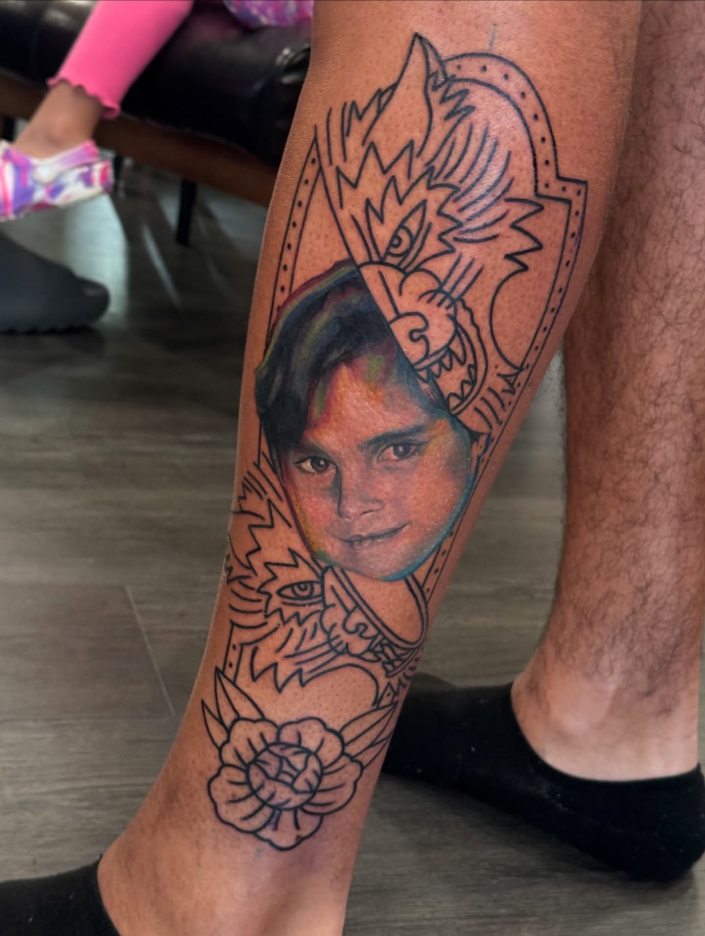 Portrait American traditional tattoo on the leg by Big Nance