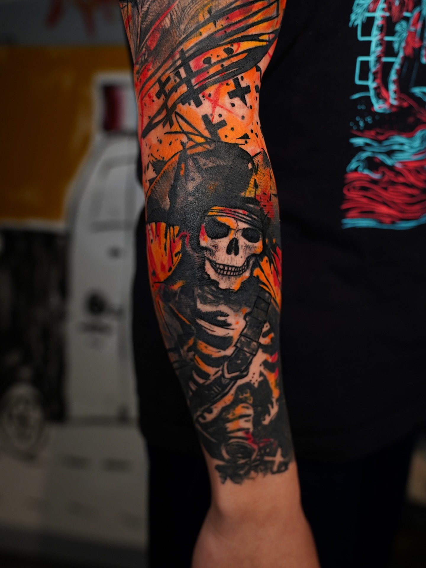 Skull with bandana realism tattoo on the forearm by Georgios Papadopoulos Tattoo Artist Los