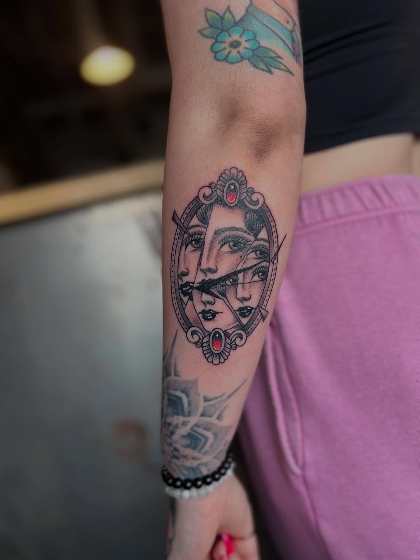Woman's face neo-traditional tattoo on the forearm by Siërra Nicole, Minneapolis, Minnesota