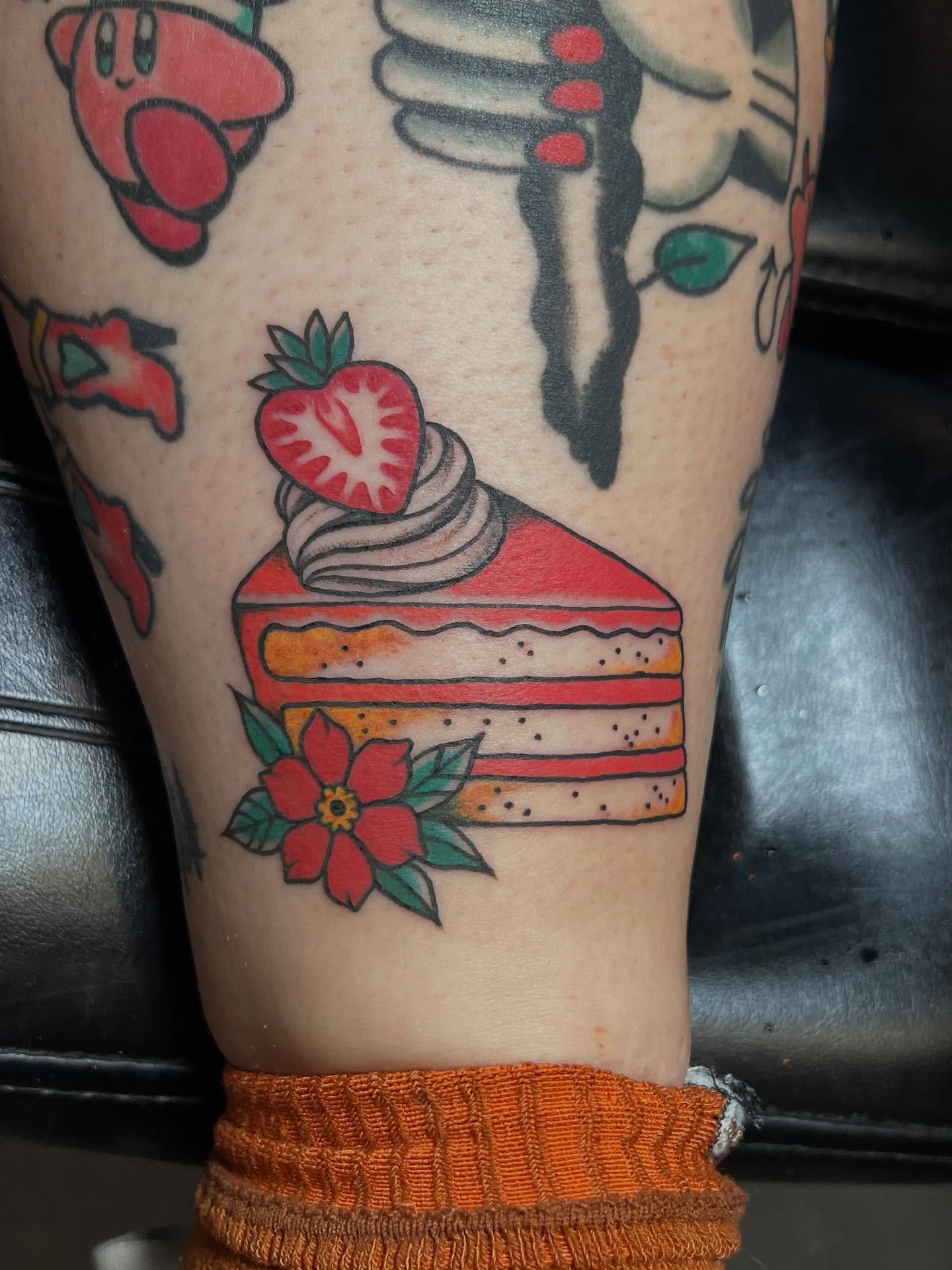 Slice of cake American traditional tattoo on the forearm by Siërra Nicole, Minneapolis, Minnesota