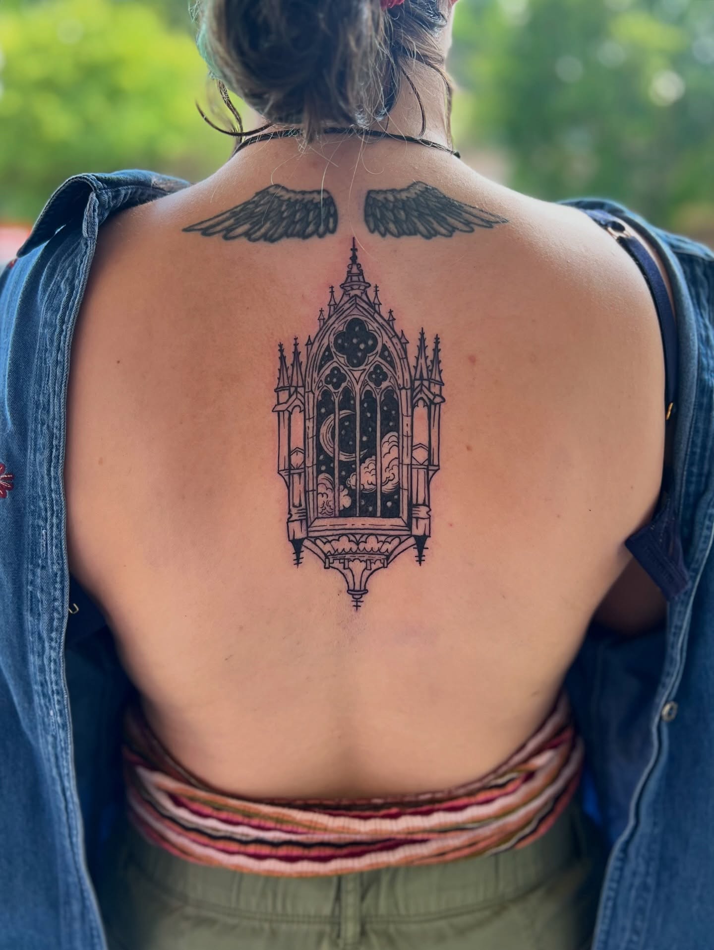 Gothic cathedral black and grey tattoo on the back by Rose DeLisse