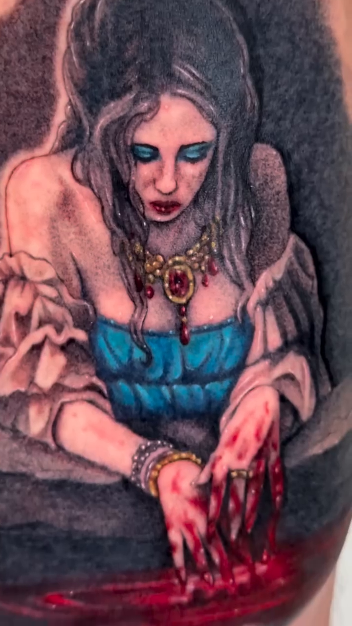 Woman with bloody hands realism tattoo by Mystikal Blue Casares