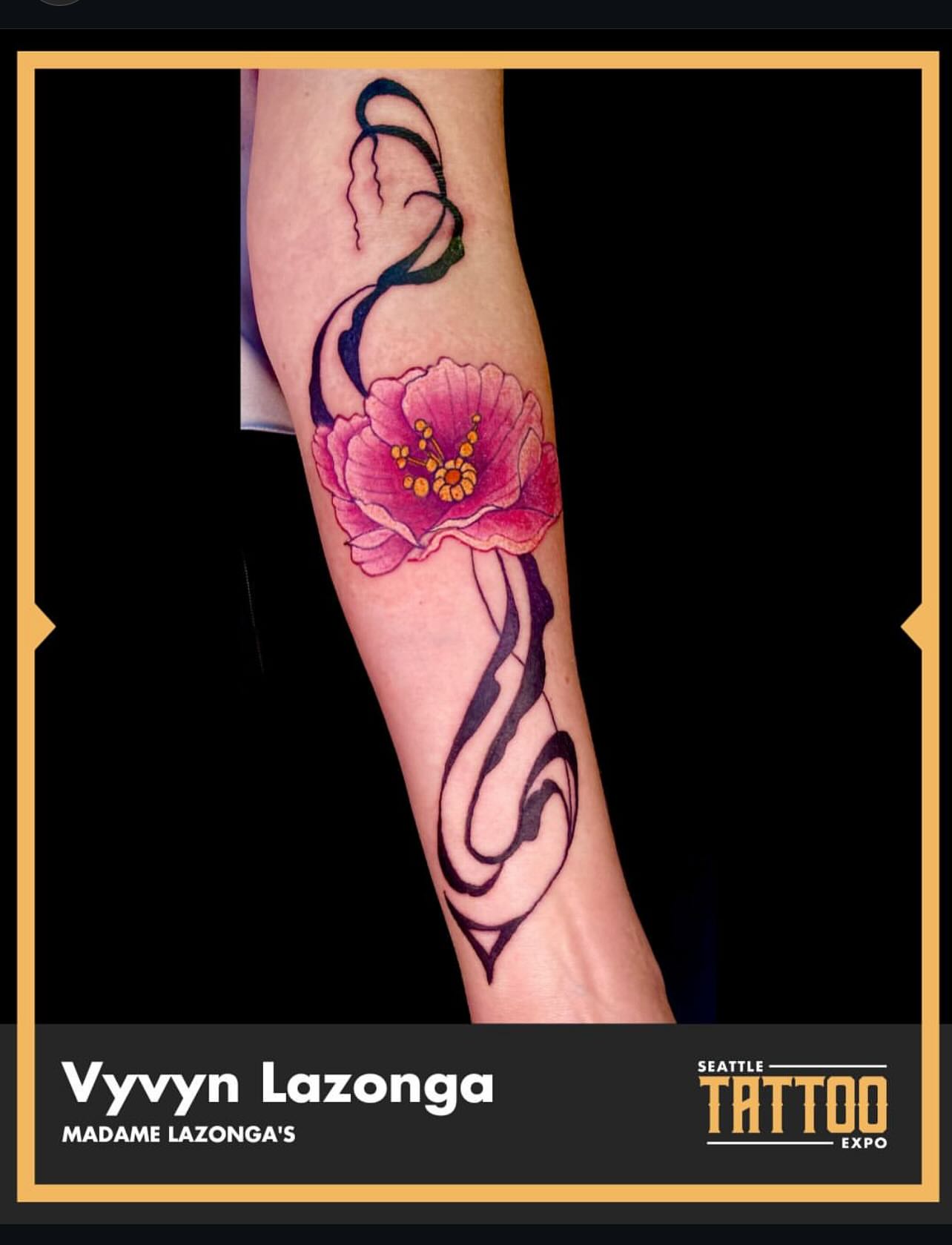 Flower with abstract swirls new school tattoo on the forearm by Vyvyn Lazonga