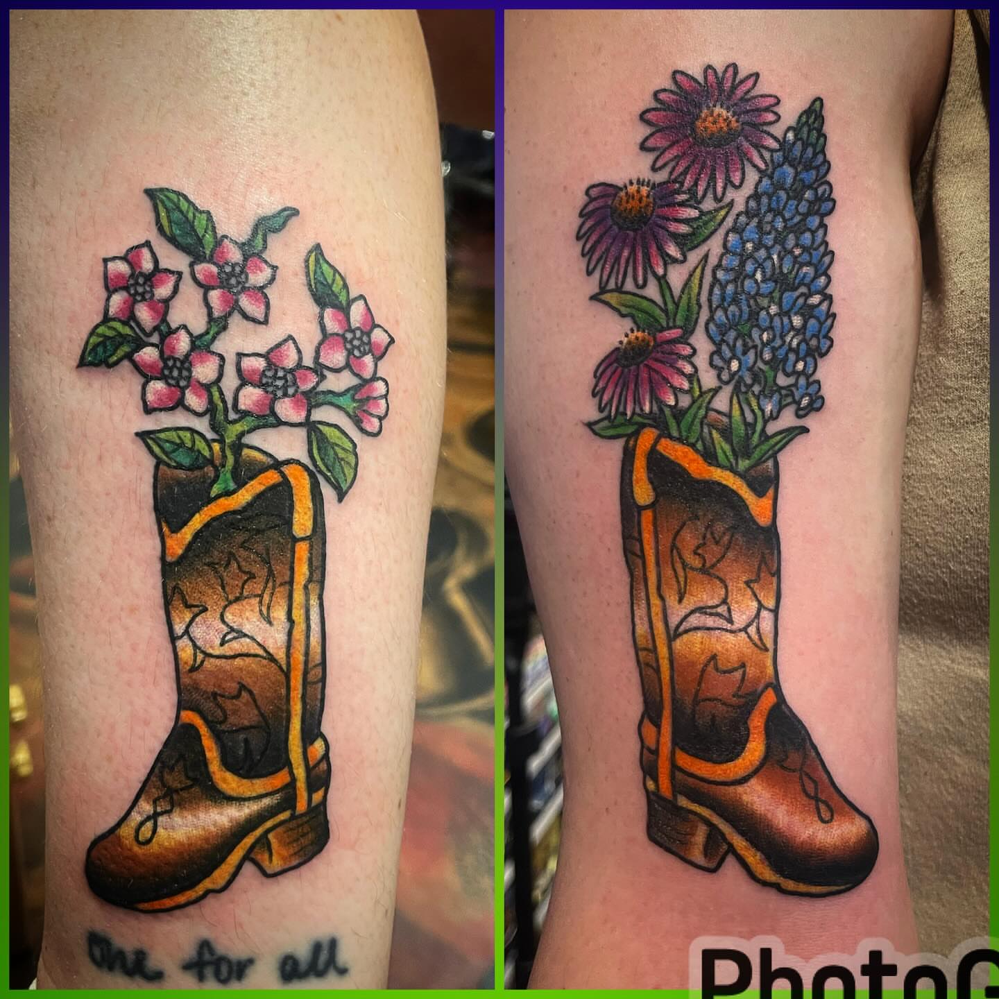 Cowboy boot with flowers American traditional tattoo on the forearm by Don Juan