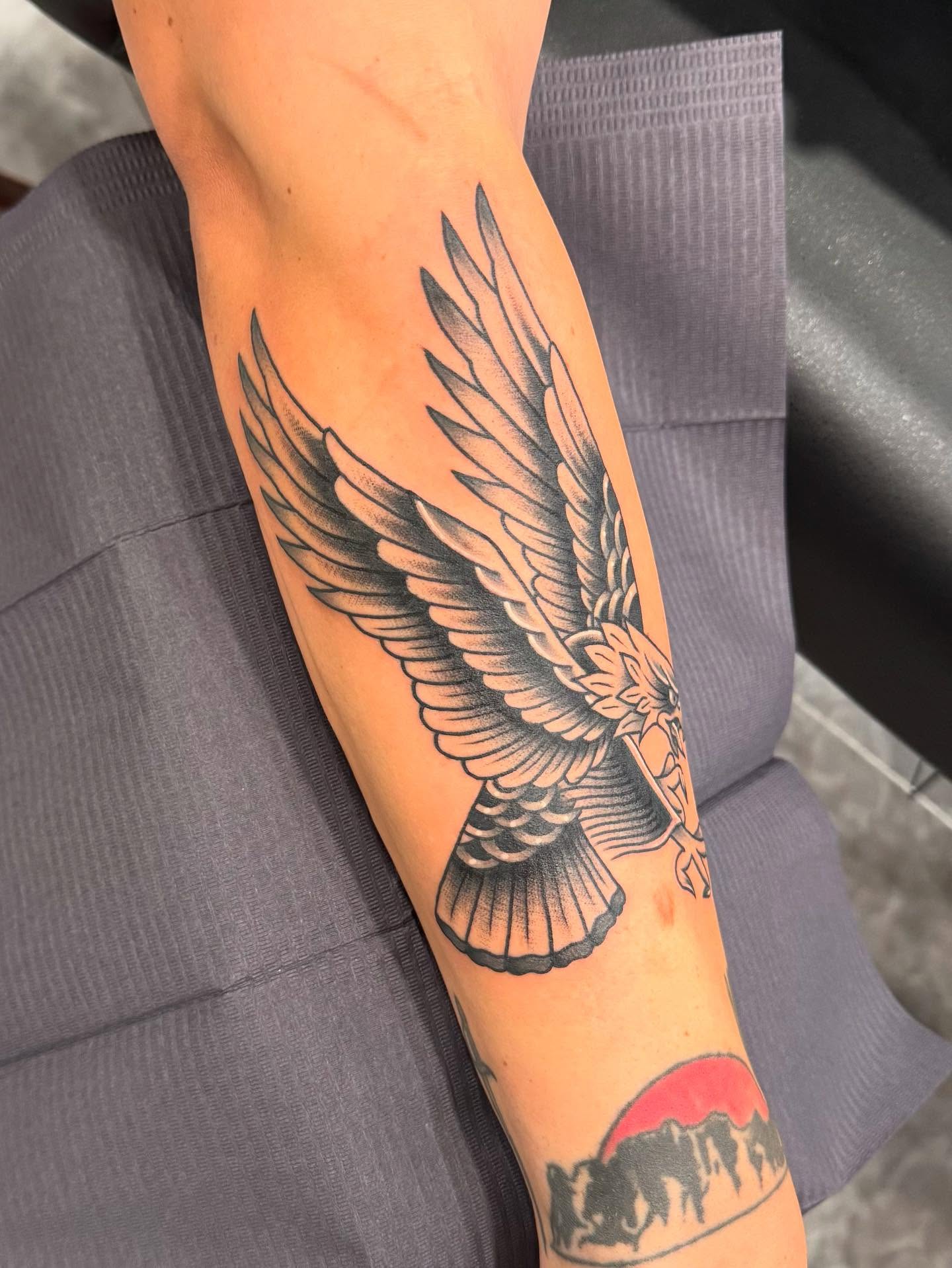 Eagle American traditional tattoo on the forearm by Jay Espinoza-AZ Tattooer